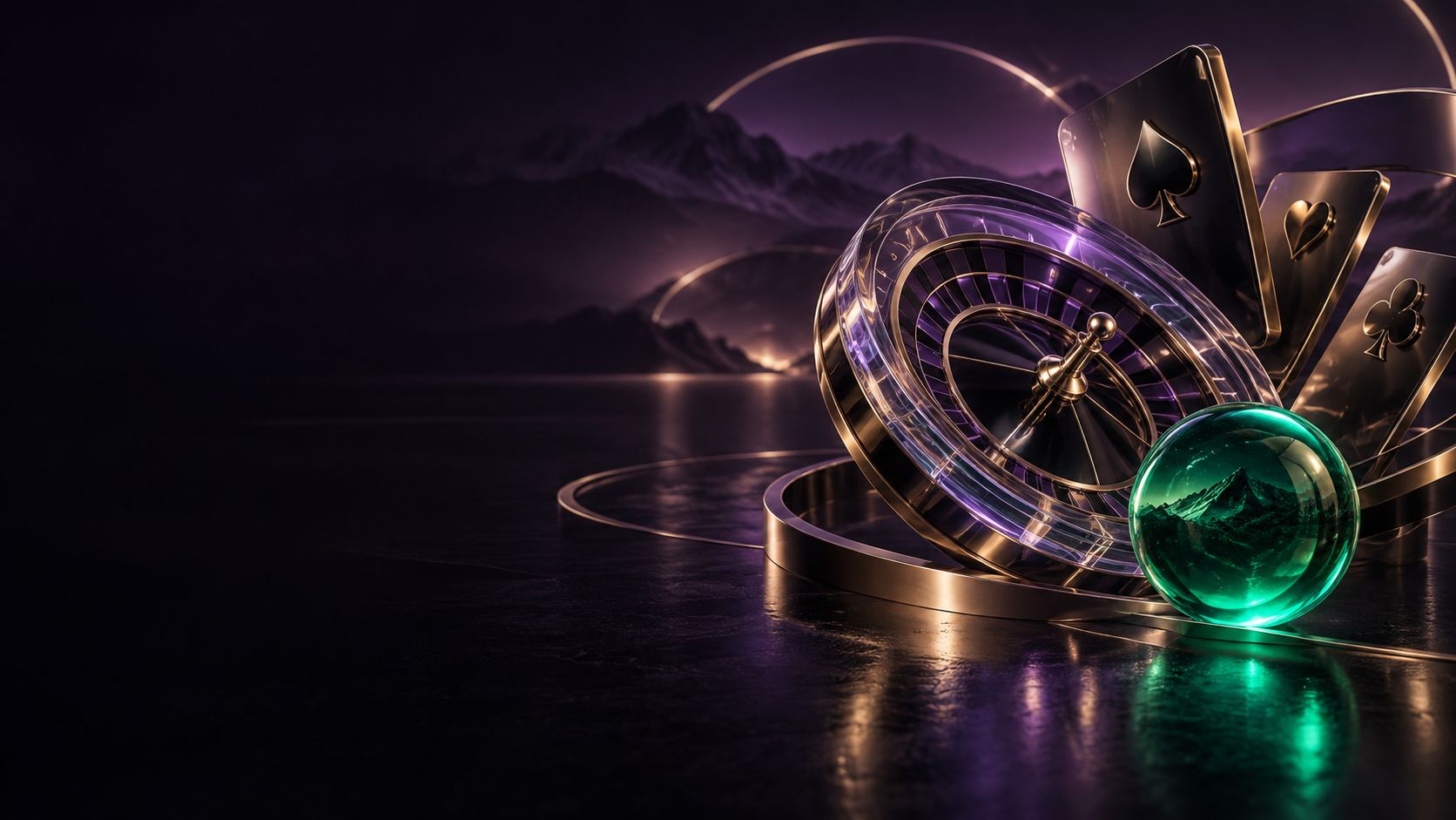 Abstrakte Roulette- und Kartenkomposition in Violett und Smaragd